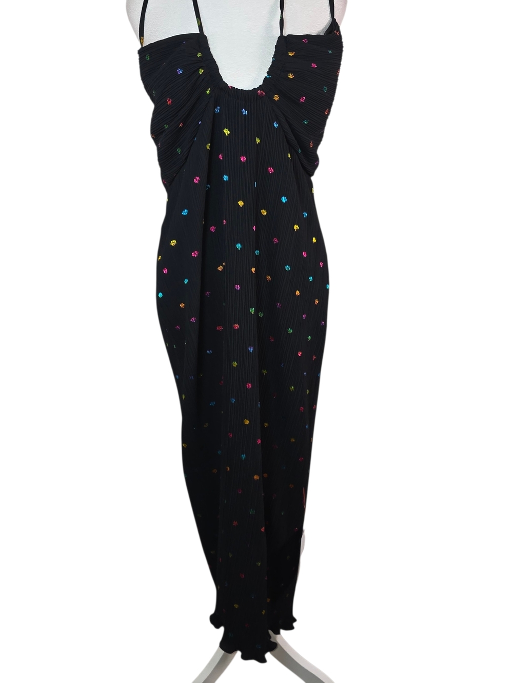 NWT Never Fully Dressed Megan Plissé Dress L Blk Metallic Polka Dot Maxi Halter - Picture 5 of 15